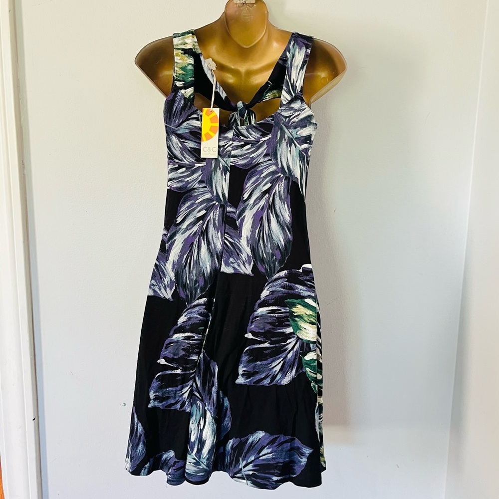 Tropical Leaf Print Sleeveless Swing Dress – Black – XS - Picture 4 of 5